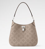 2026 All Around PM Tote Bag with Openwork Monogram Pattern, Pebble Gray Mahina Calfskin M27336